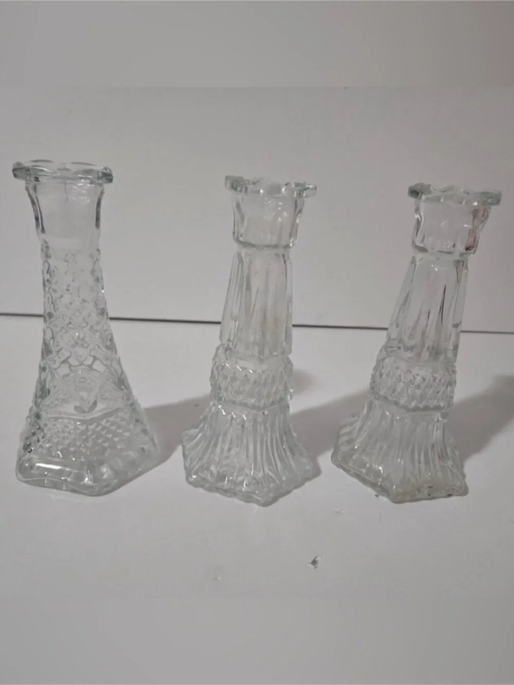 Set of 3 Vintage Pressed Glass Candle Holders – Clear Glass Mixed Designs